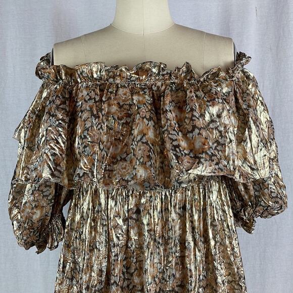 LoveShackFancy Tara Gold Ruffle Off Shoulder Maxi Dress - Picture 4 of 14